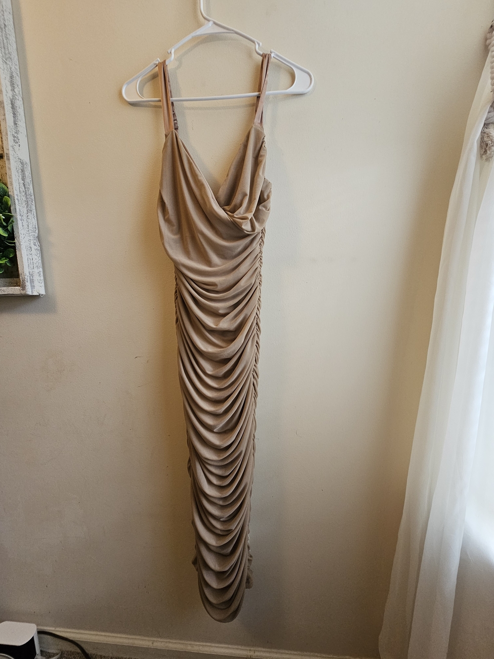 SHEIN Ruched Cowl Slip Dress in Beige Taupe